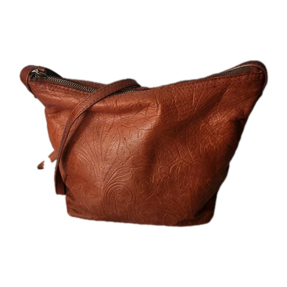 American Leather Co. Floral Tooled Shoulder Bag Dark Brown Adj Strap